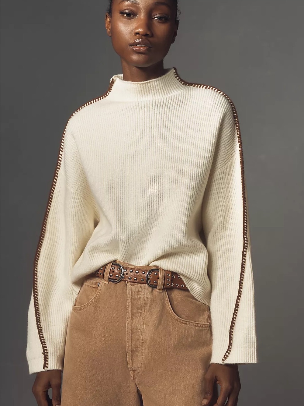 Anthropologie Mockneck Cream Sweater with Whipstitch Seam Detail